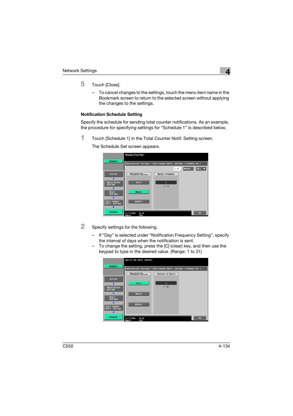 Notification schedule setting, Notification schedule setting -134 | Konica Minolta bizhub C550 User Manual | Page 380 / 415