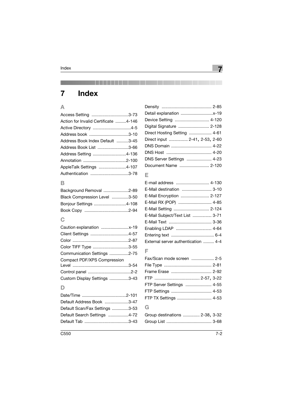 7 index, A to g, Index | 7index | Konica Minolta bizhub C550 User Manual | Page 412 / 415