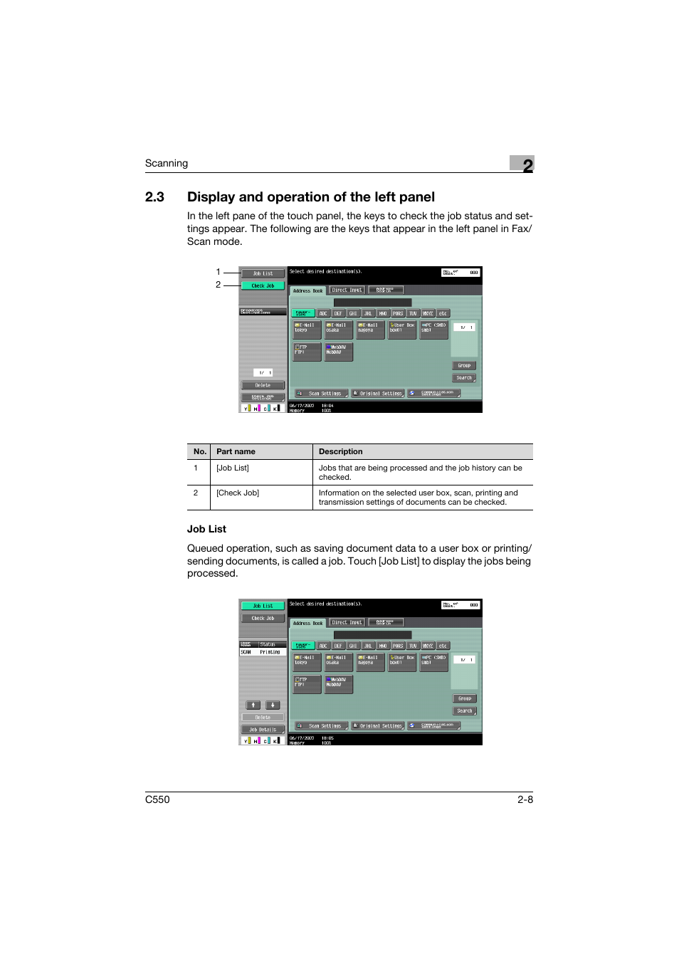 3 display and operation of the left panel, Job list, Display and operation of the left panel -8 | Job list -8 | Konica Minolta bizhub C550 User Manual | Page 47 / 415