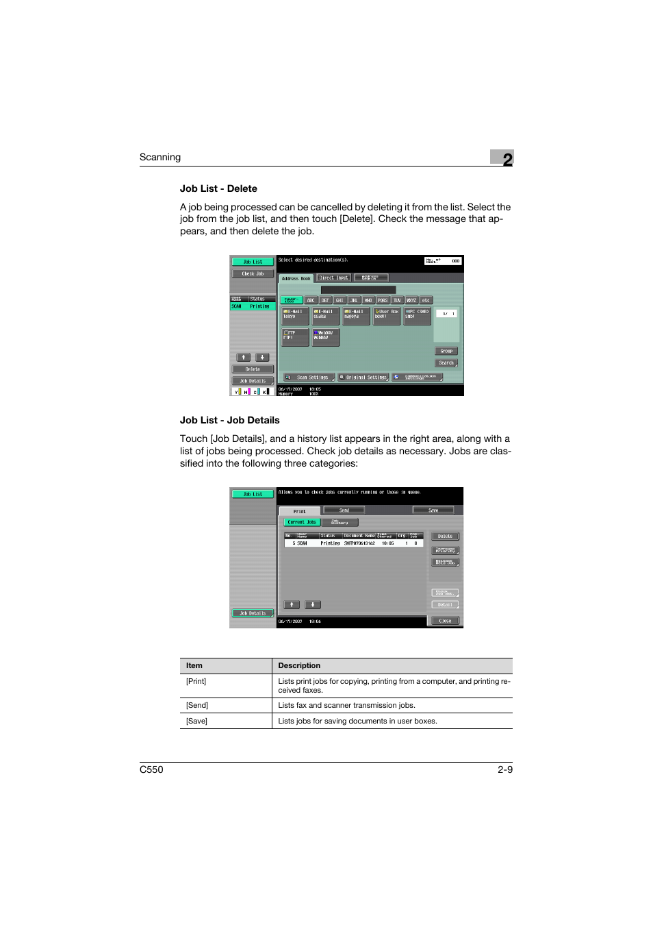 Job list - delete, Job list - job details, Job list - delete -9 job list - job details -9 | Konica Minolta bizhub C550 User Manual | Page 48 / 415
