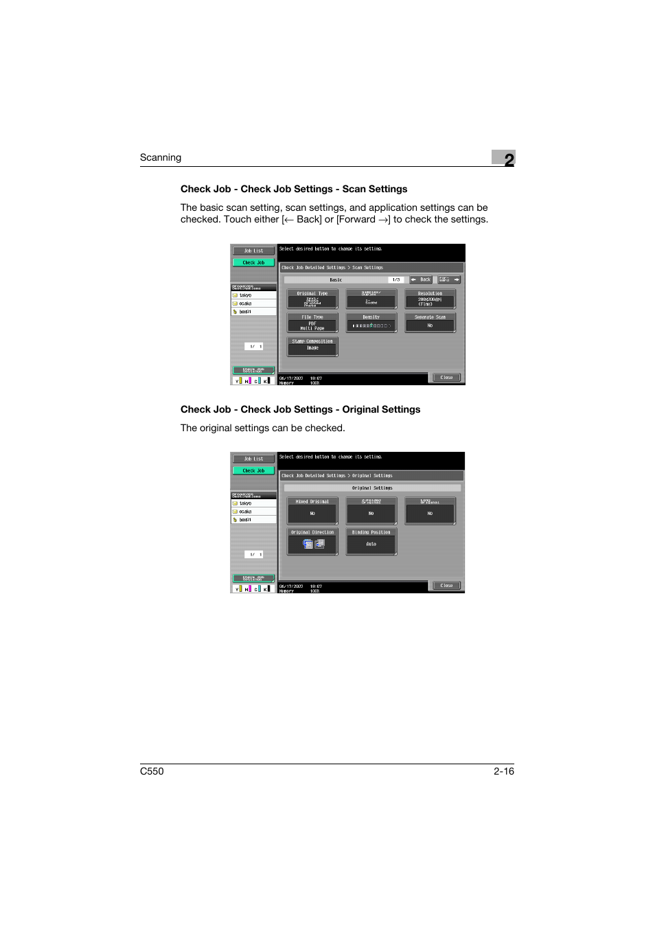 Check job - check job settings - scan settings, Check job - check job settings - original settings | Konica Minolta bizhub C550 User Manual | Page 55 / 415