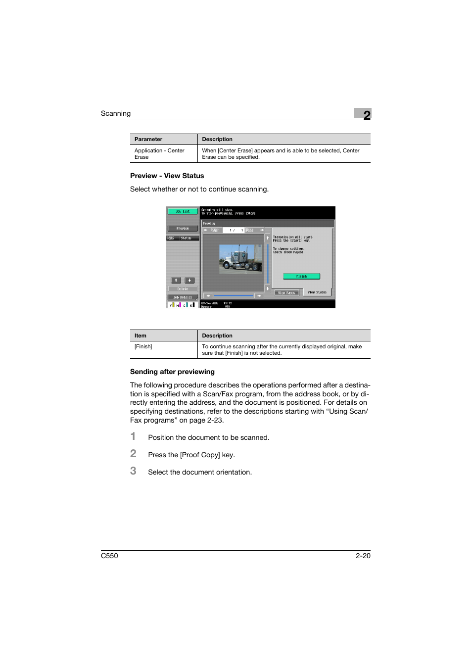 Preview - view status, Sending after previewing | Konica Minolta bizhub C550 User Manual | Page 59 / 415