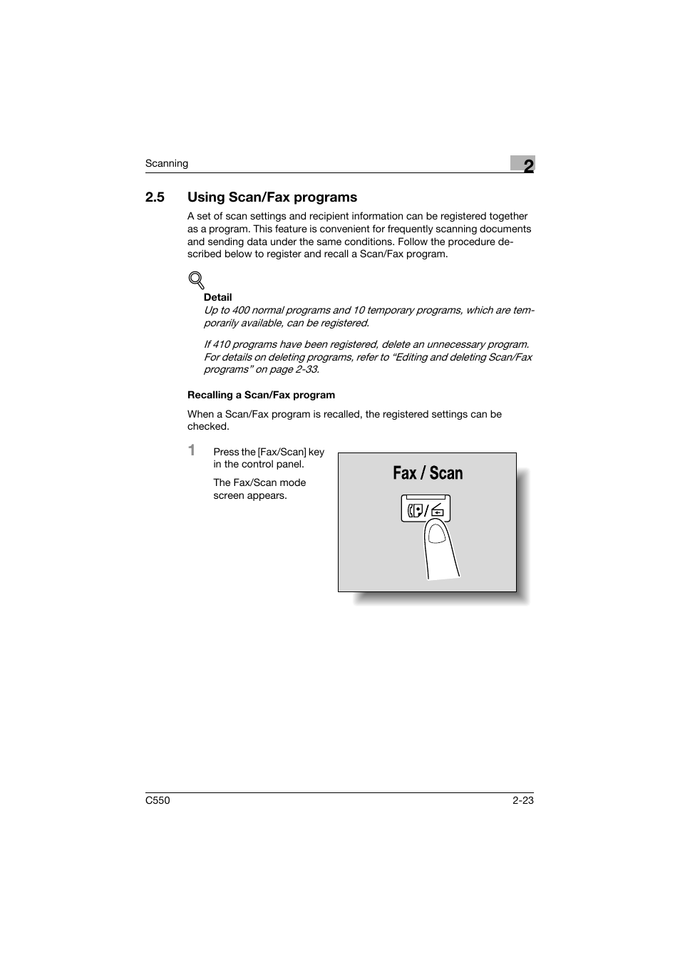 5 using scan/fax programs, Recalling a scan/fax program, Using scan/fax programs -23 | Recalling a scan/fax program -23 | Konica Minolta bizhub C550 User Manual | Page 62 / 415