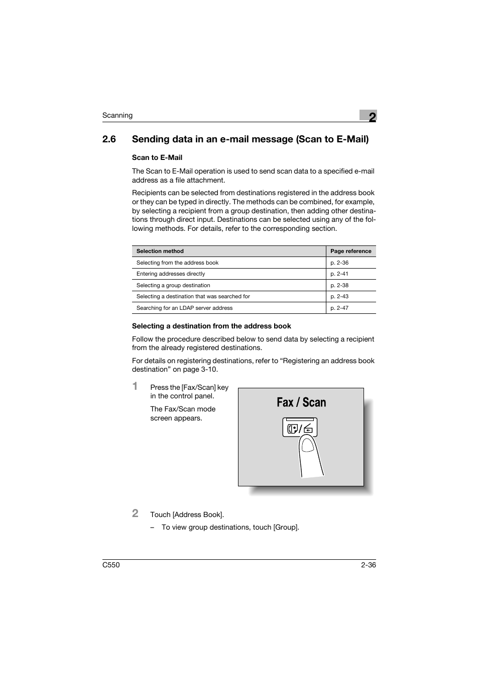 Scan to e-mail, Selecting a destination from the address book | Konica Minolta bizhub C550 User Manual | Page 75 / 415