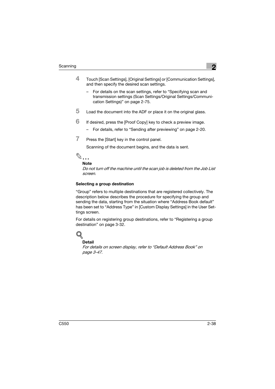 Selecting a group destination, Selecting a group destination -38, P. 2-38 | Konica Minolta bizhub C550 User Manual | Page 77 / 415