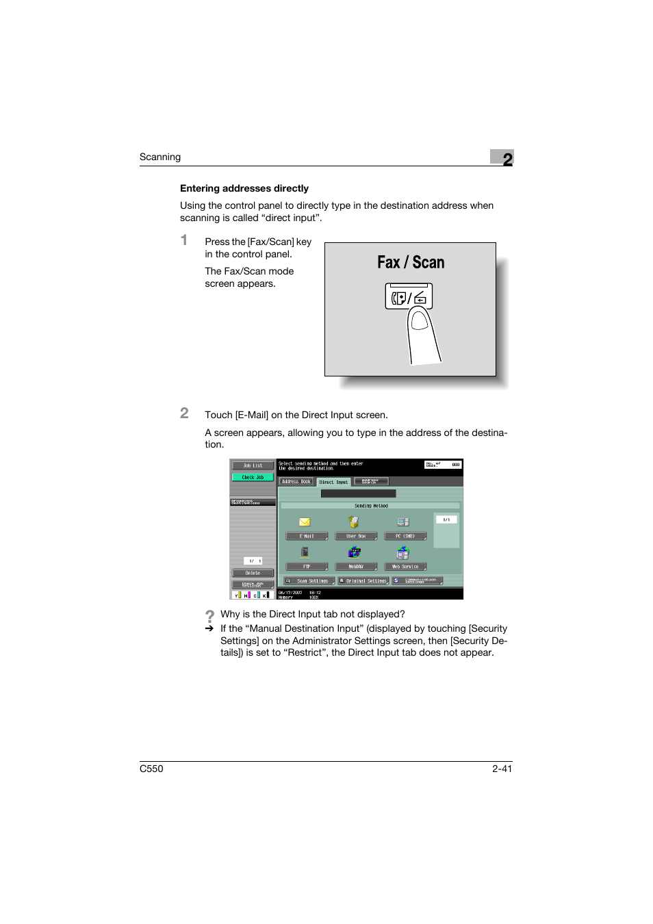 Entering addresses directly, Entering addresses directly -41, P. 2-41 | Konica Minolta bizhub C550 User Manual | Page 80 / 415