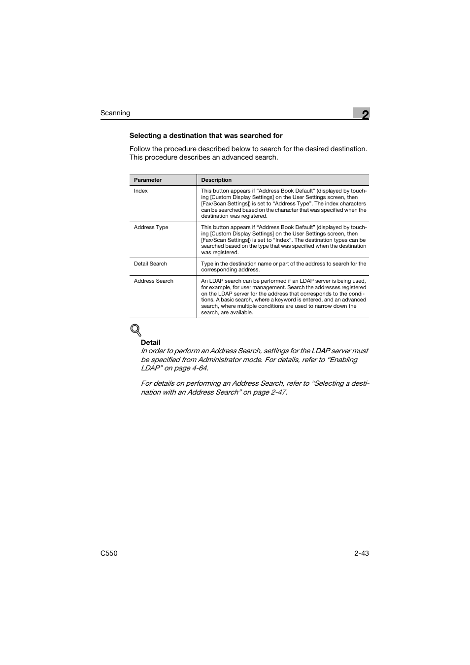 Selecting a destination that was searched for, Selecting a destination that was searched for -43, P. 2-43 | Konica Minolta bizhub C550 User Manual | Page 82 / 415