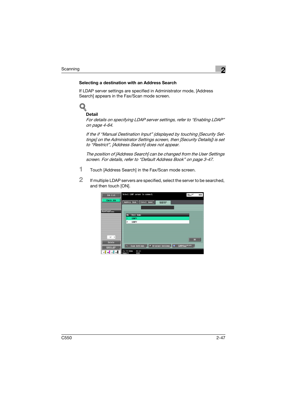 Selecting a destination with an address search, Selecting a destination with an address search -47, P. 2-47 | Konica Minolta bizhub C550 User Manual | Page 86 / 415