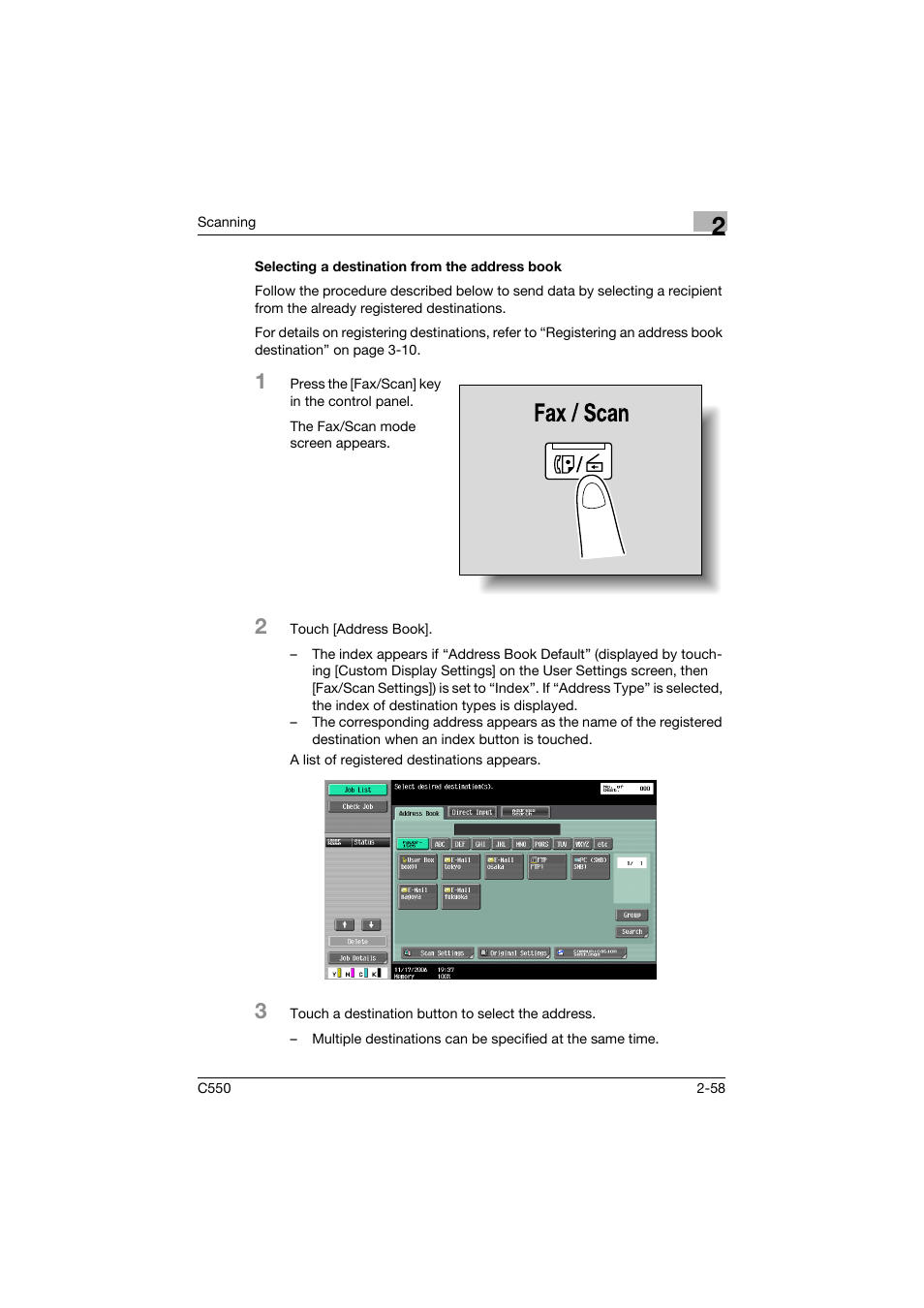 Selecting a destination from the address book, Selecting a destination from the address book -58, P. 2-58 | Konica Minolta bizhub C550 User Manual | Page 97 / 415