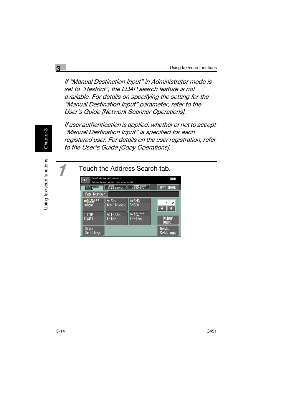 Touch the address search tab | Konica Minolta bizhub C451 User Manual | Page 115 / 164