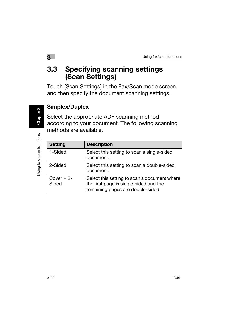 3 specifying scanning settings (scan settings), Simplex/duplex, 3 specifying scanning settings | Scan settings) -22, Simplex/duplex -22 | Konica Minolta bizhub C451 User Manual | Page 123 / 164