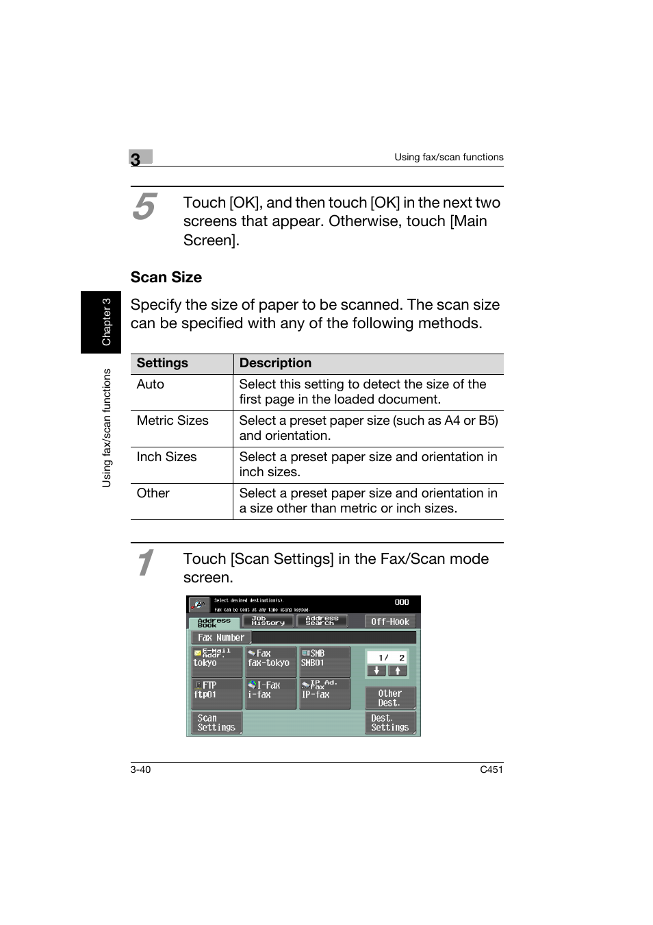 Scan size, Scan size -40 | Konica Minolta bizhub C451 User Manual | Page 141 / 164