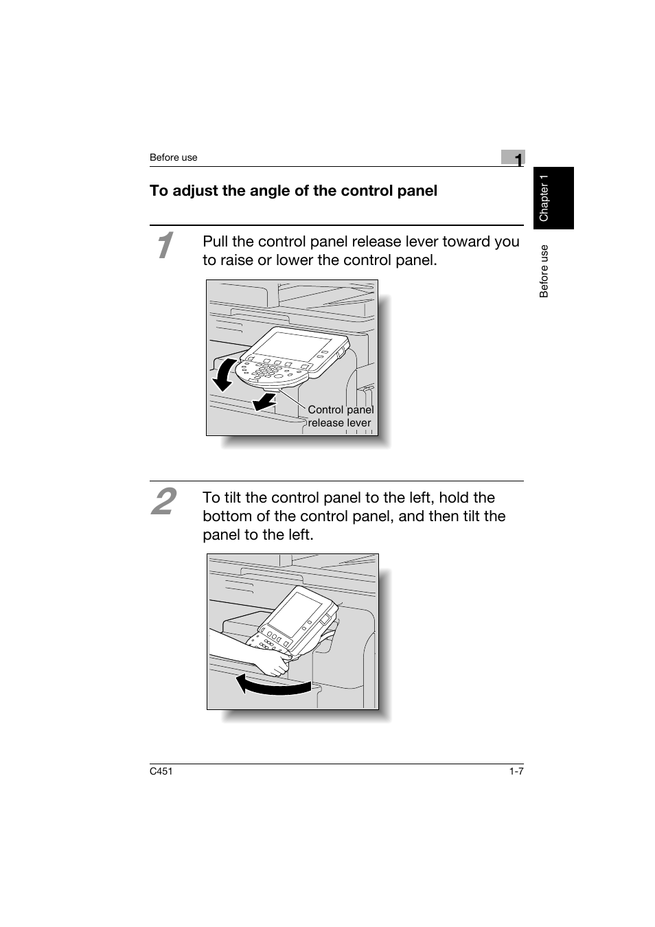 To adjust the angle of the control panel, To adjust the angle of the control panel -7 | Konica Minolta bizhub C451 User Manual | Page 16 / 164