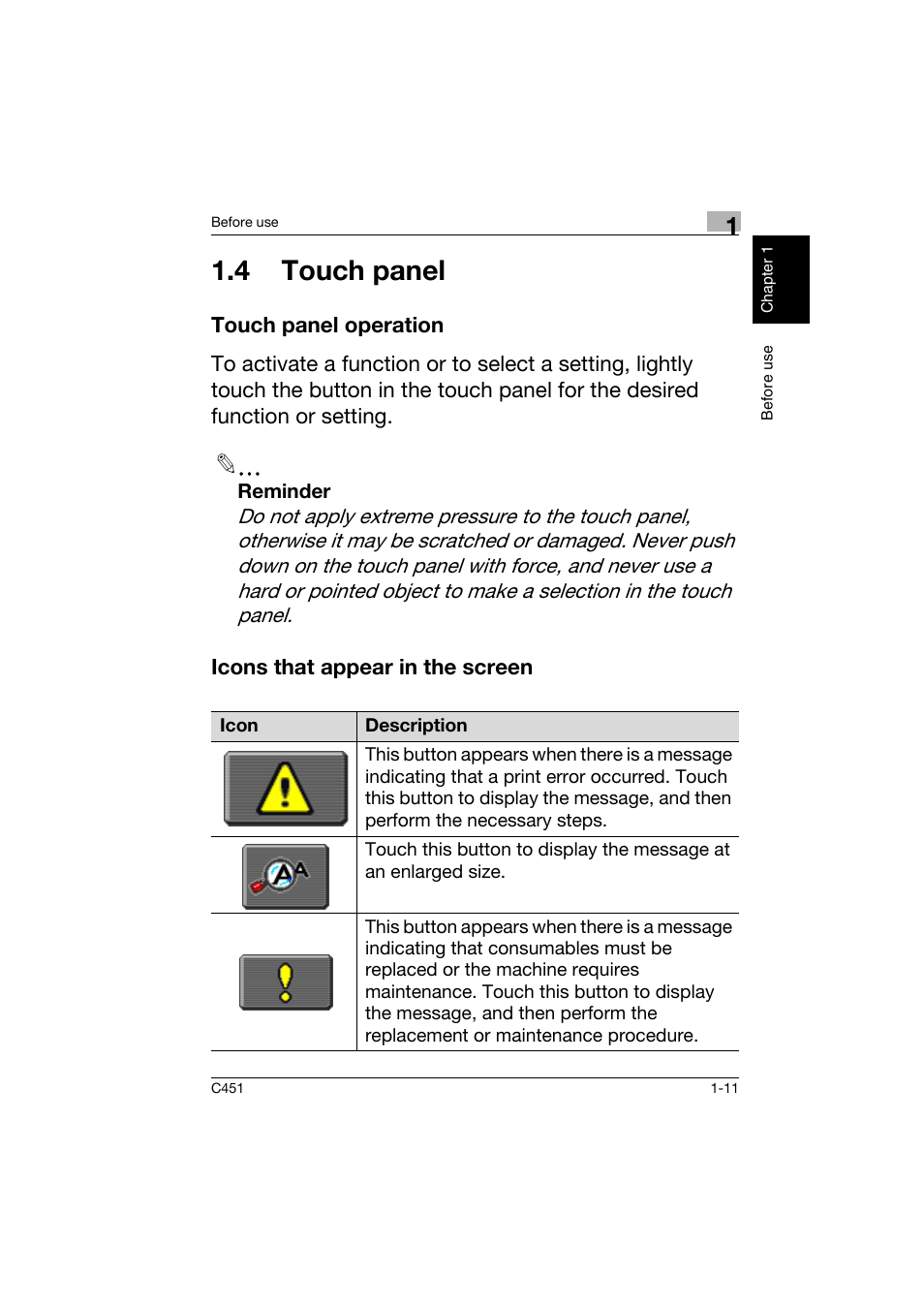 4 touch panel, Touch panel operation, Icons that appear in the screen | 4 touch panel -11 | Konica Minolta bizhub C451 User Manual | Page 20 / 164