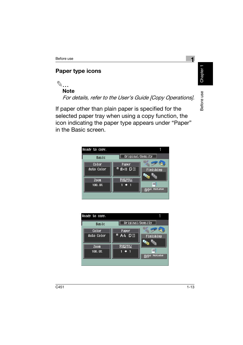 Paper type icons, Paper type icons -13 | Konica Minolta bizhub C451 User Manual | Page 22 / 164