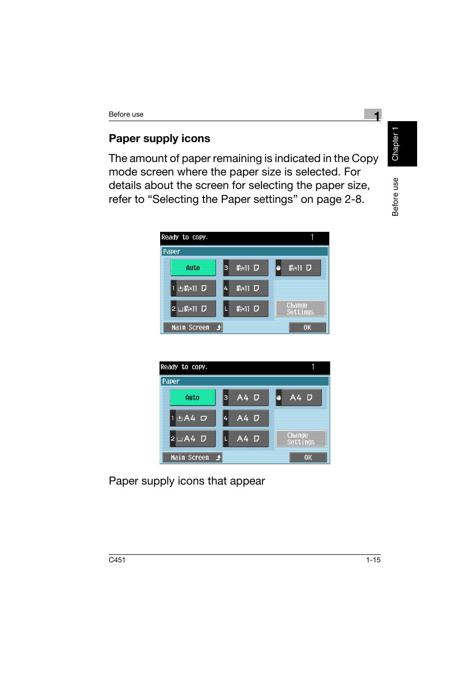 Paper supply icons, Paper supply icons -15 | Konica Minolta bizhub C451 User Manual | Page 24 / 164