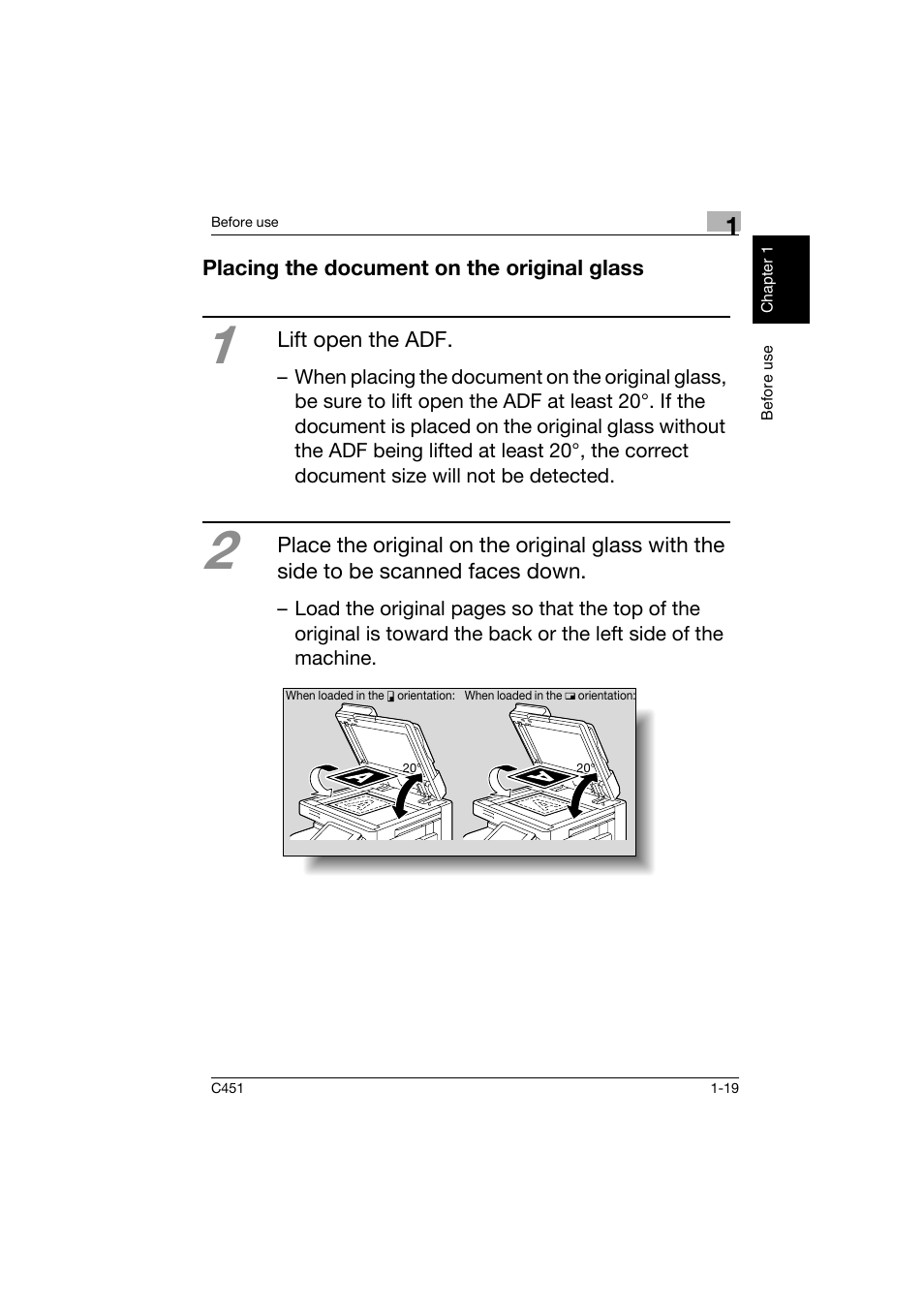 Placing the document on the original glass, Placing the document on the original glass -19 | Konica Minolta bizhub C451 User Manual | Page 28 / 164