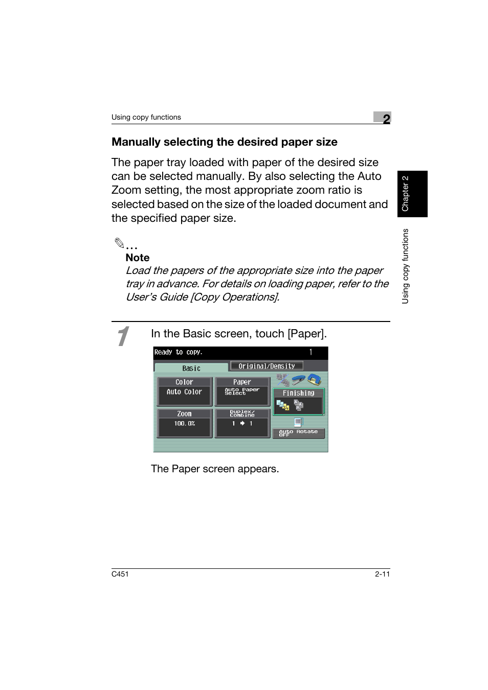 Manually selecting the desired paper size, Manually selecting the desired paper size -11 | Konica Minolta bizhub C451 User Manual | Page 54 / 164