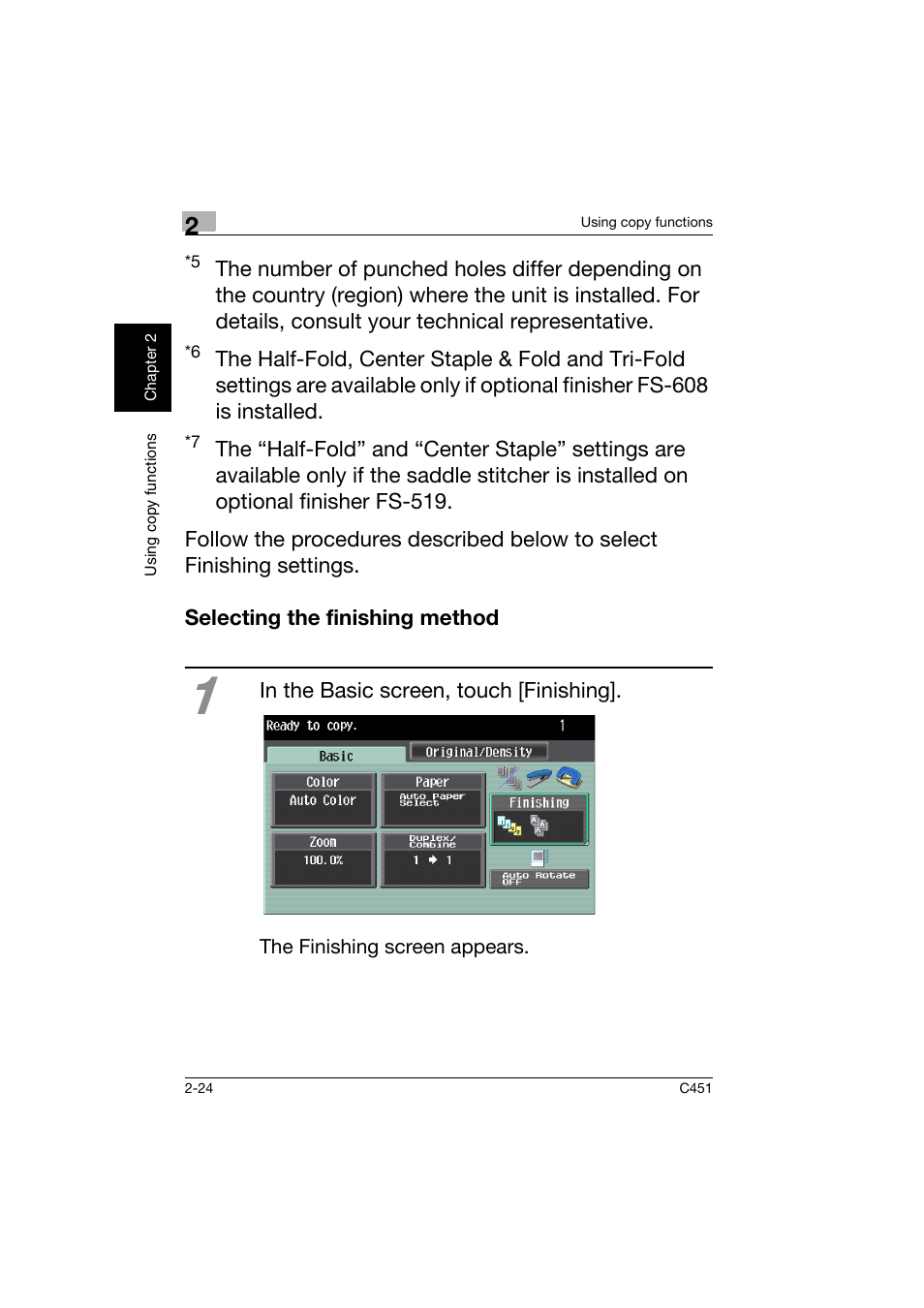 Selecting the finishing method, Selecting the finishing method -24 | Konica Minolta bizhub C451 User Manual | Page 67 / 164
