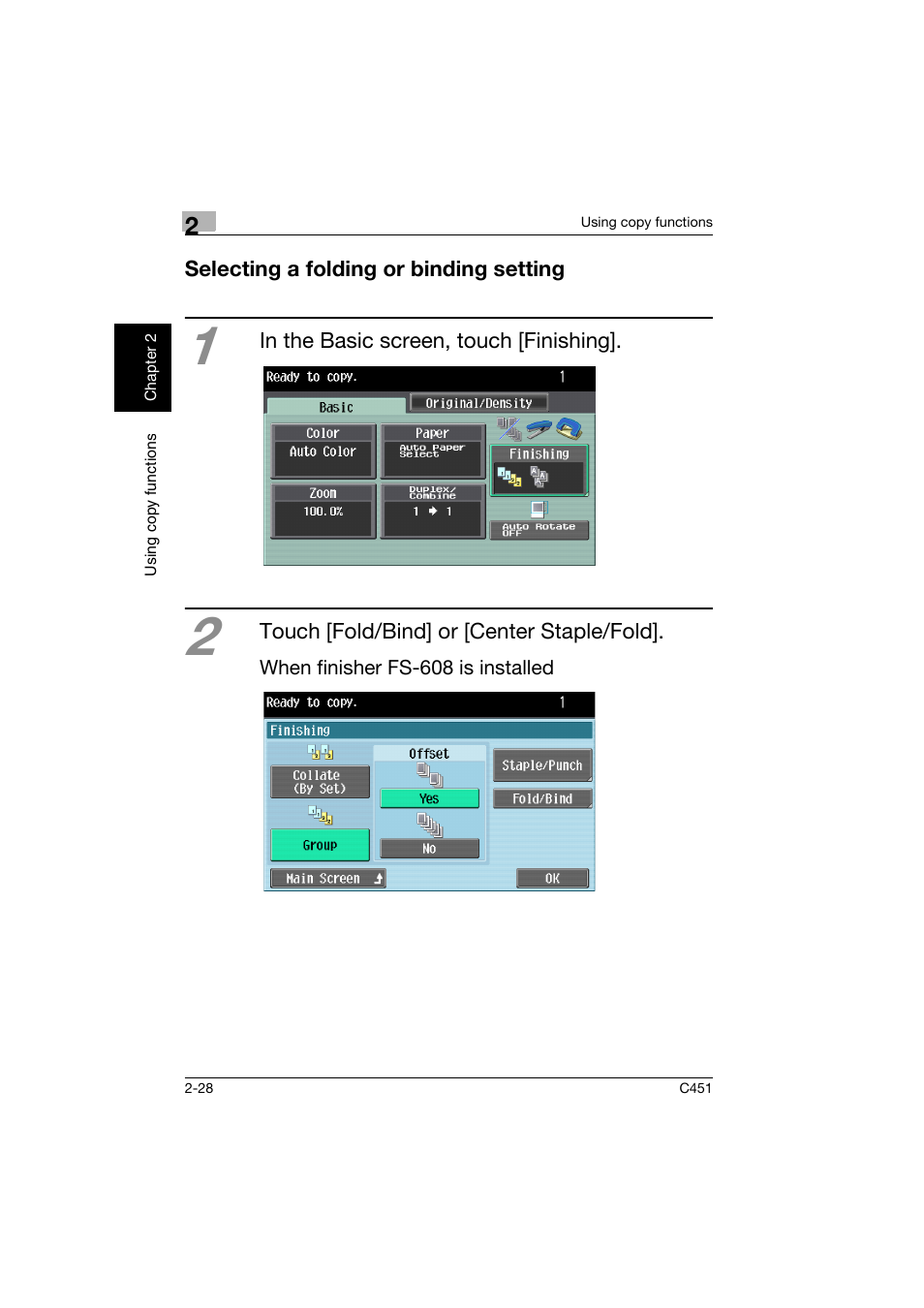 Selecting a folding or binding setting, Selecting a folding or binding setting -28 | Konica Minolta bizhub C451 User Manual | Page 71 / 164