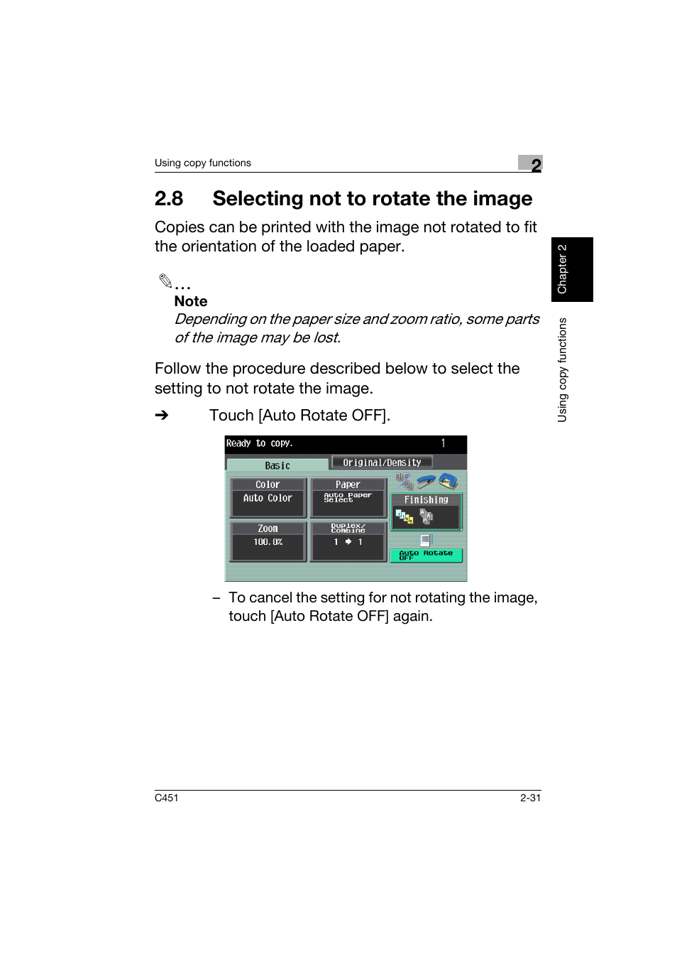 8 selecting not to rotate the image, 8 selecting not to rotate the image -31 | Konica Minolta bizhub C451 User Manual | Page 74 / 164