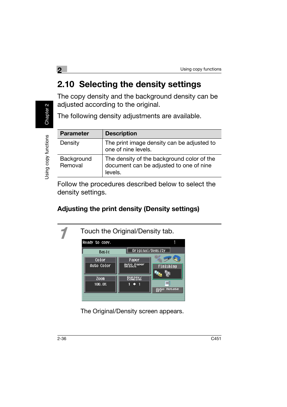 10 selecting the density settings, Adjusting the print density (density settings), 10selecting the density settings -36 | Adjusting the print density (density settings) -36 | Konica Minolta bizhub C451 User Manual | Page 79 / 164