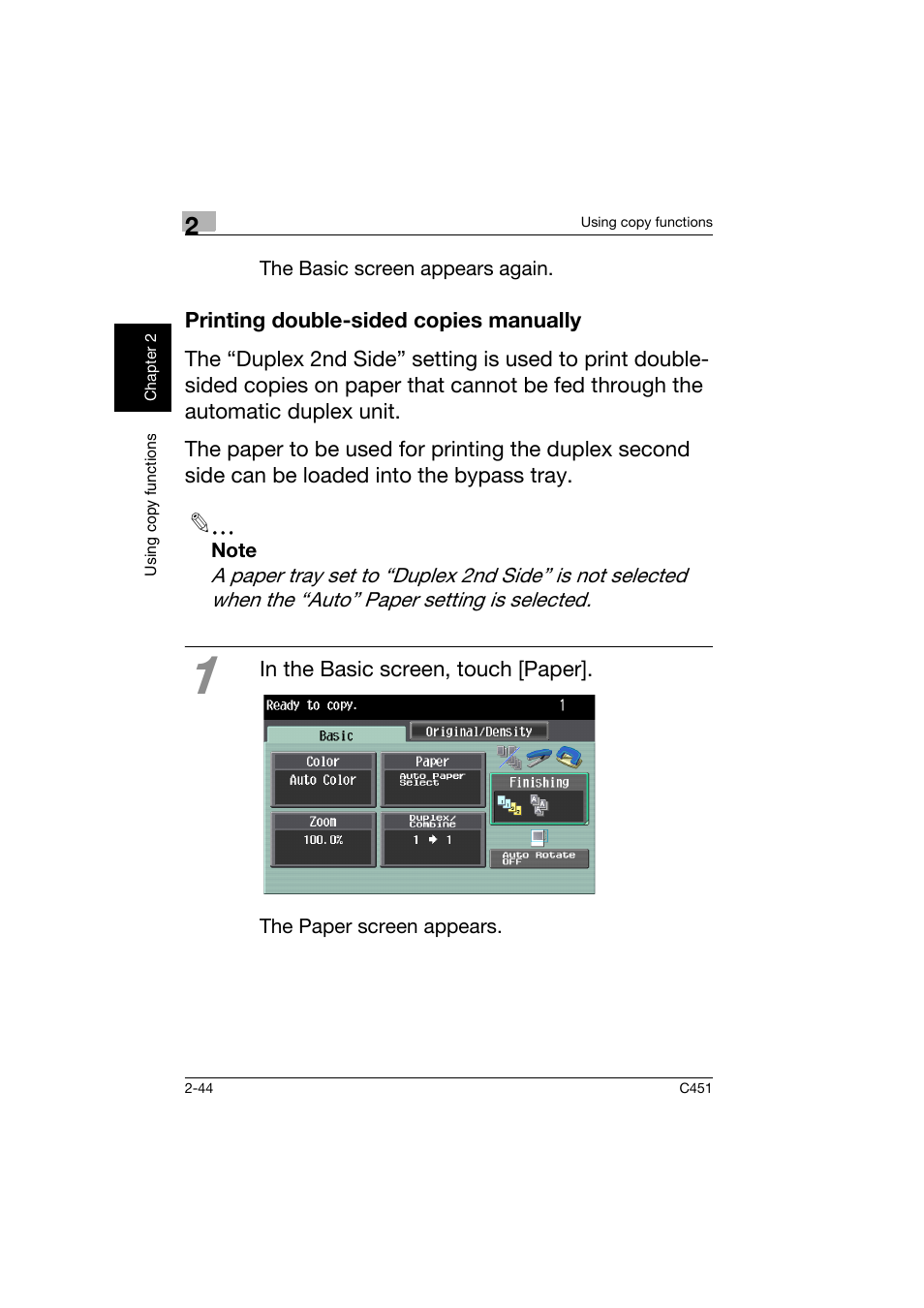 Printing double-sided copies manually, Printing double-sided copies manually -44 | Konica Minolta bizhub C451 User Manual | Page 87 / 164