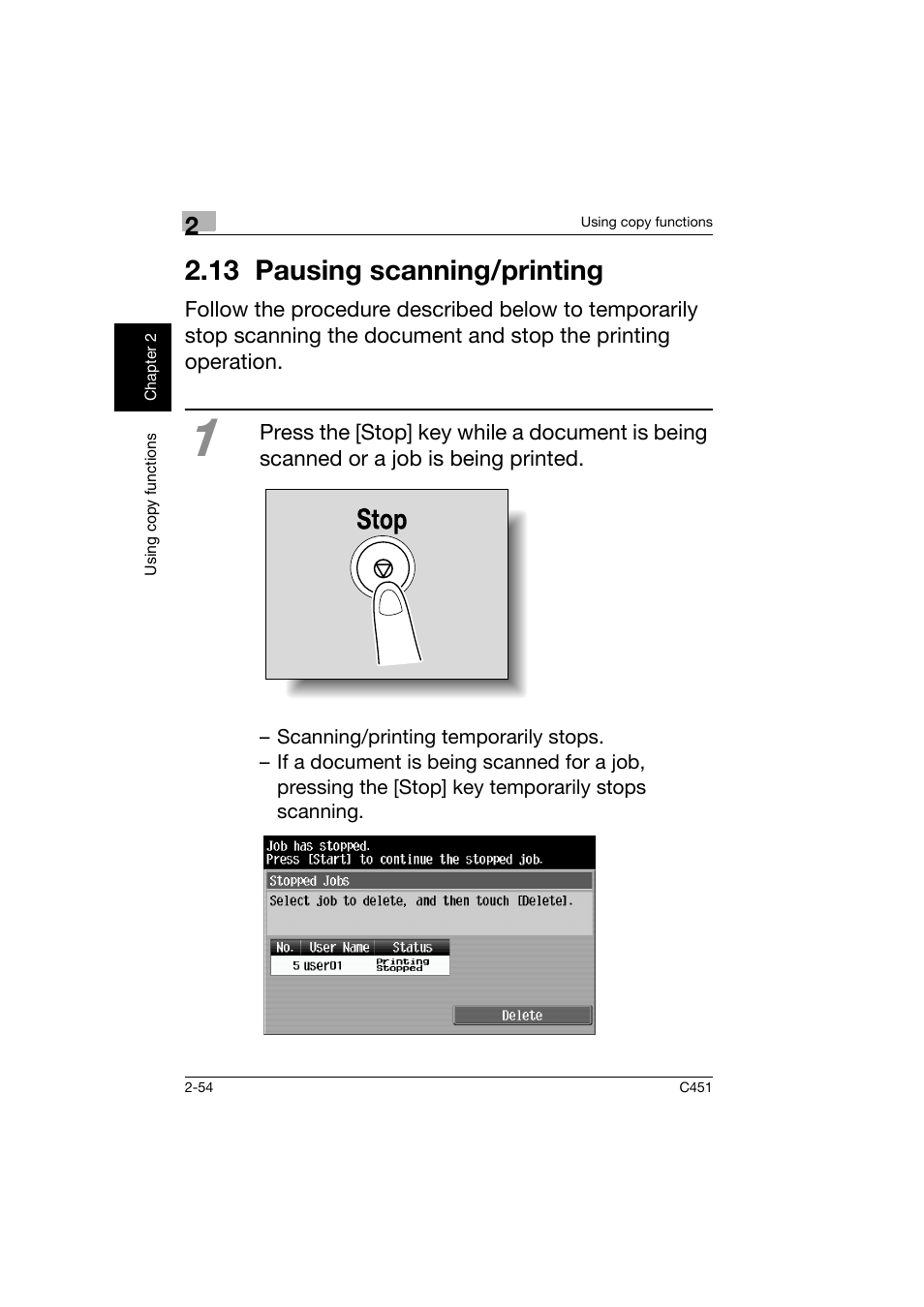 13 pausing scanning/printing, 13pausing scanning/printing -54 | Konica Minolta bizhub C451 User Manual | Page 97 / 164