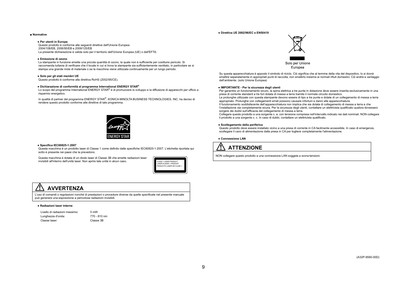 Avvertenza, Attenzione | Konica Minolta bizhub 20P User Manual | Page 10 / 39