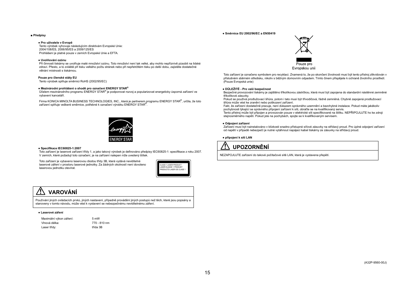 Varování, Upozornění | Konica Minolta bizhub 20P User Manual | Page 16 / 39