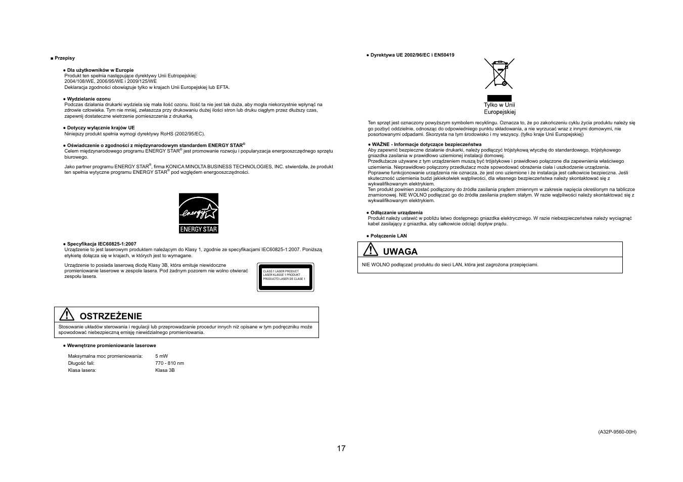 Ostrzeżenie, Uwaga | Konica Minolta bizhub 20P User Manual | Page 18 / 39