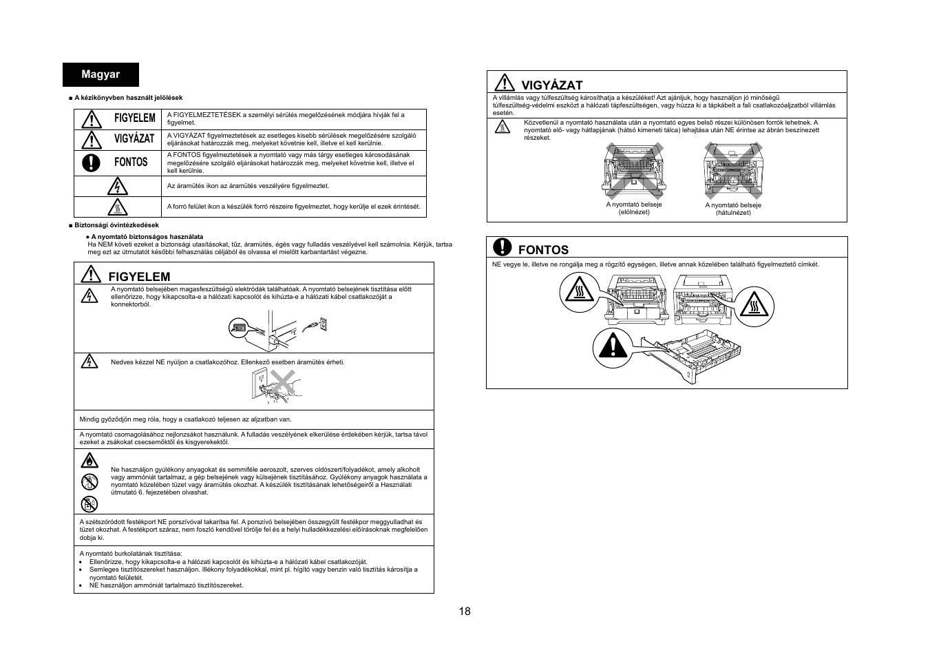 Figyelem, Vigyázat, Fontos | 18 magyar | Konica Minolta bizhub 20P User Manual | Page 19 / 39