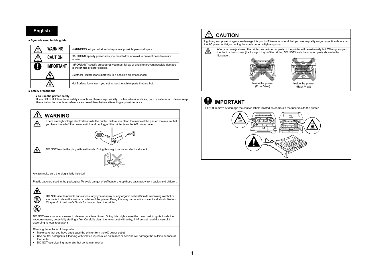 Warning, Caution, Important | 1 english | Konica Minolta bizhub 20P User Manual | Page 2 / 39