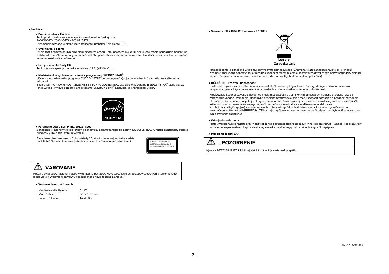 Varovanie, Upozornenie | Konica Minolta bizhub 20P User Manual | Page 22 / 39