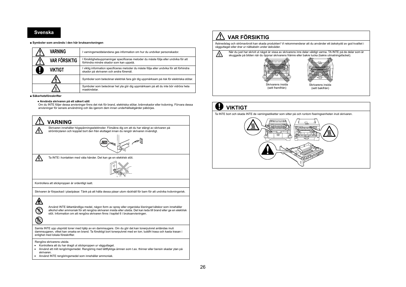 Varning, Var försiktig, Viktigt | 26 svenska | Konica Minolta bizhub 20P User Manual | Page 27 / 39