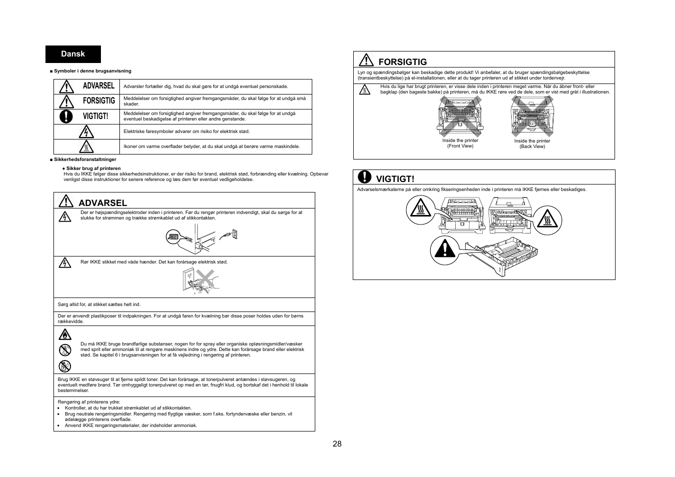 Advarsel, Forsigtig, Vigtigt | 28 dansk | Konica Minolta bizhub 20P User Manual | Page 29 / 39