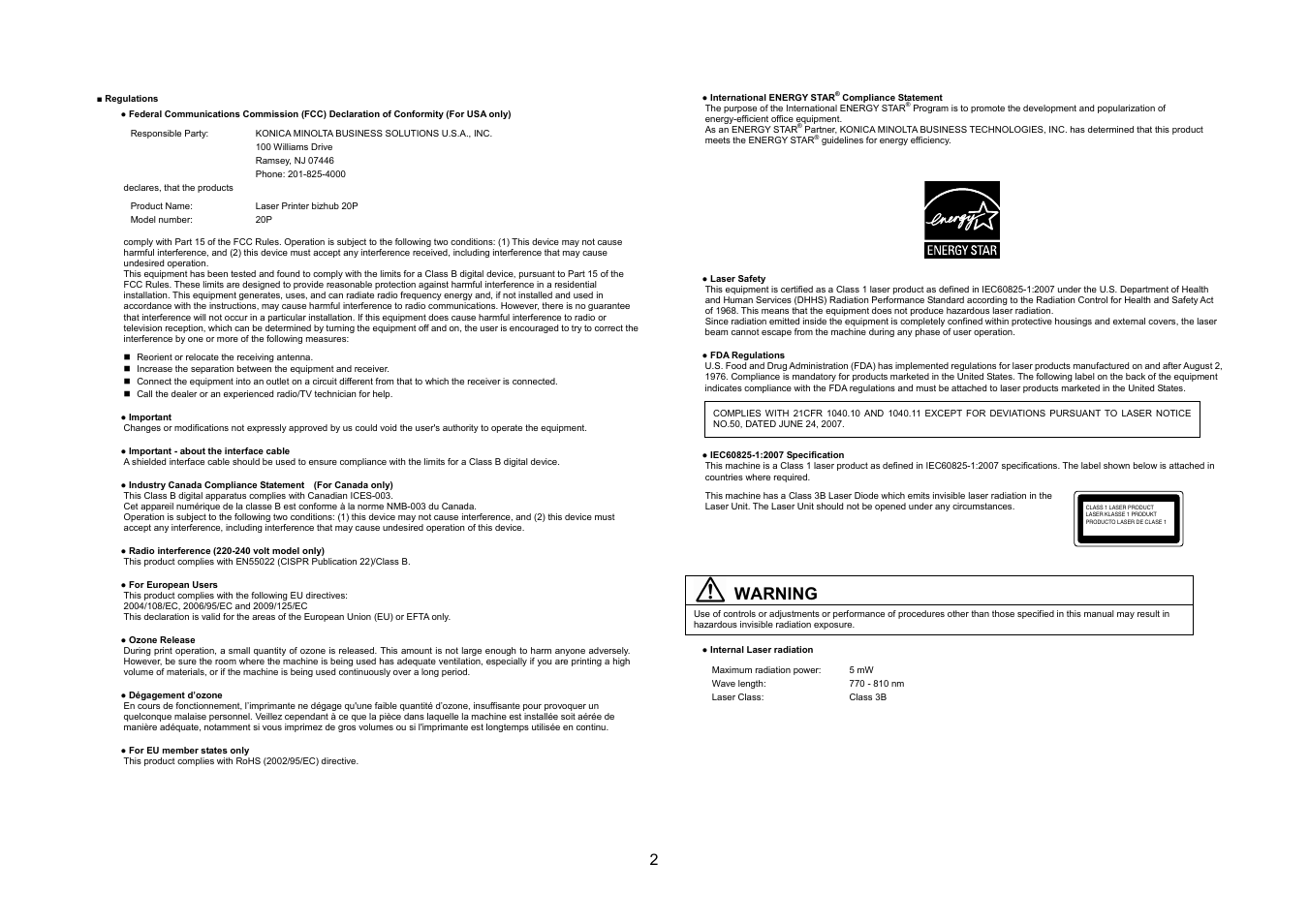 Warning | Konica Minolta bizhub 20P User Manual | Page 3 / 39