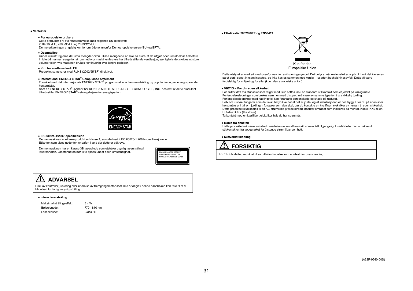 Advarsel, Forsiktig | Konica Minolta bizhub 20P User Manual | Page 32 / 39