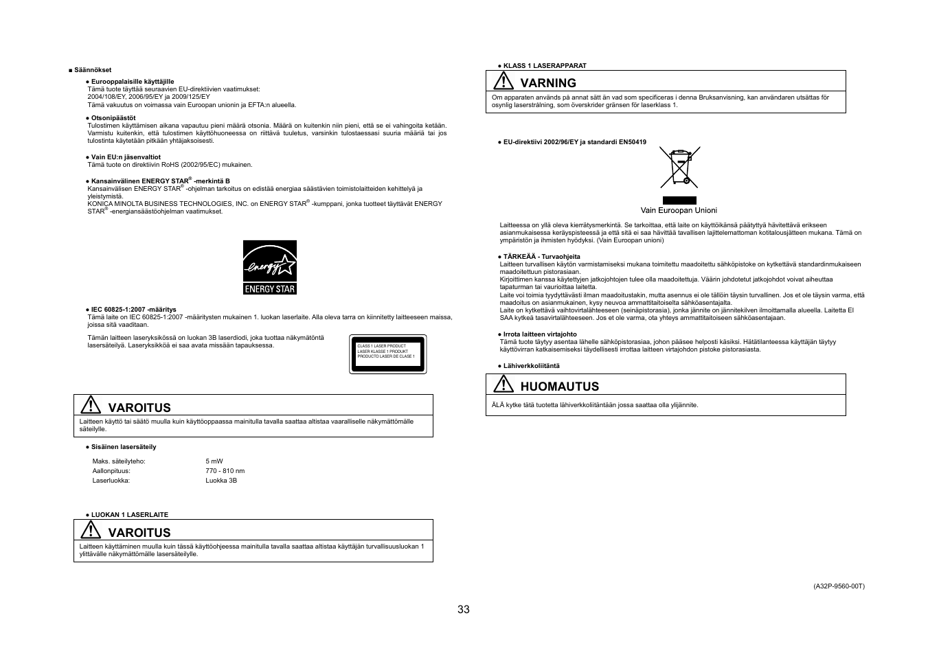 Varoitus, Varning, Huomautus | Konica Minolta bizhub 20P User Manual | Page 34 / 39