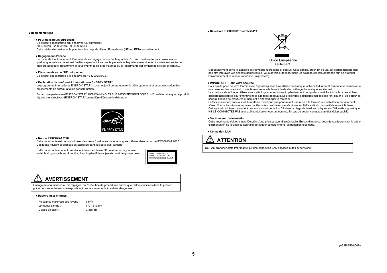 Avertissement, Attention | Konica Minolta bizhub 20P User Manual | Page 6 / 39