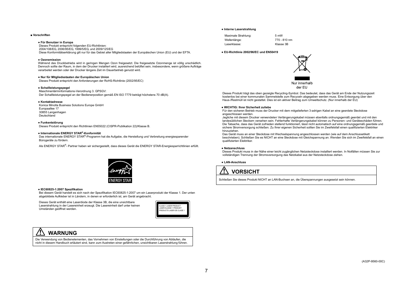 Warnung, Vorsicht | Konica Minolta bizhub 20P User Manual | Page 8 / 39