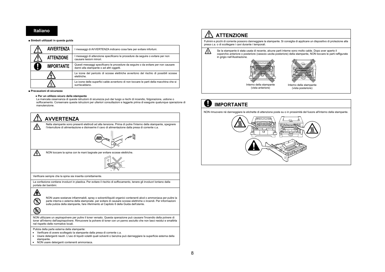 Avvertenza, Attenzione, Importante | Konica Minolta bizhub 20P User Manual | Page 9 / 39