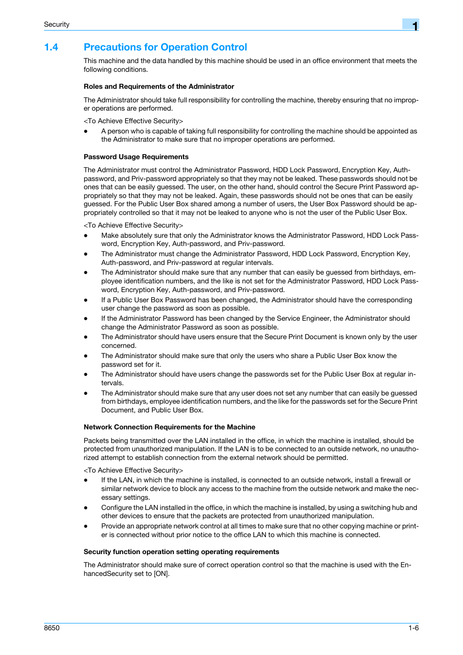 4 precautions for operation control, Roles and requirements of the administrator, Password usage requirements | Network connection requirements for the machine | Konica Minolta magicolor 8650 User Manual | Page 11 / 98