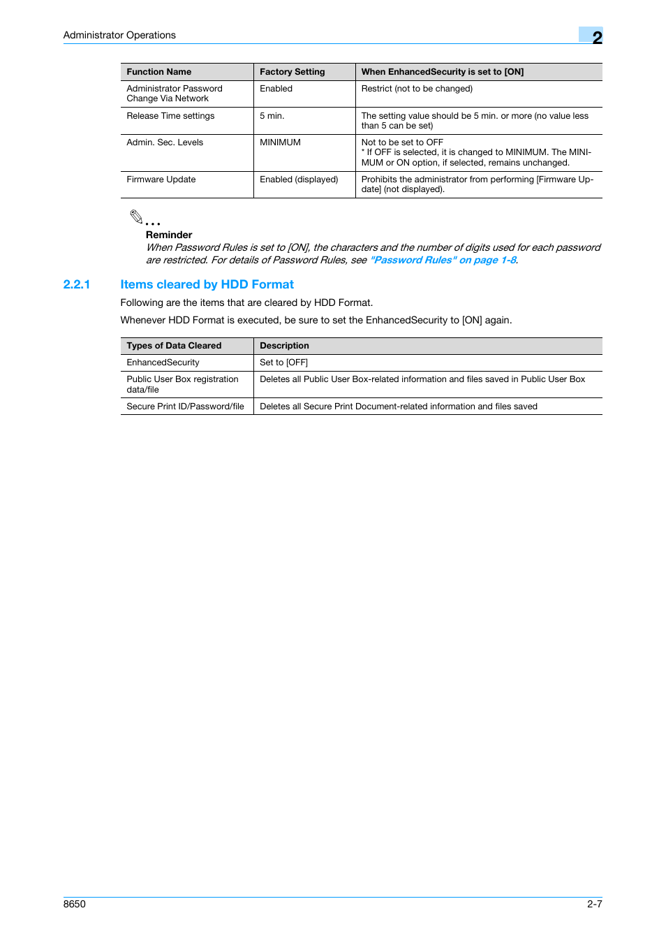 1 items cleared by hdd format, Items cleared by hdd format -7 | Konica Minolta magicolor 8650 User Manual | Page 22 / 98