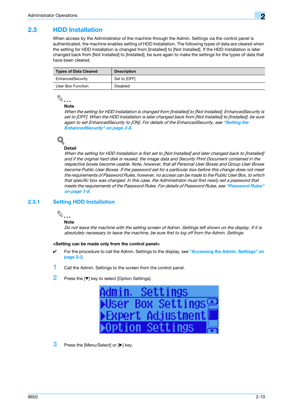 3 hdd installation, 1 setting hdd installation, Setting can be made only from the control panel | Hdd installation -10 | Konica Minolta magicolor 8650 User Manual | Page 25 / 98