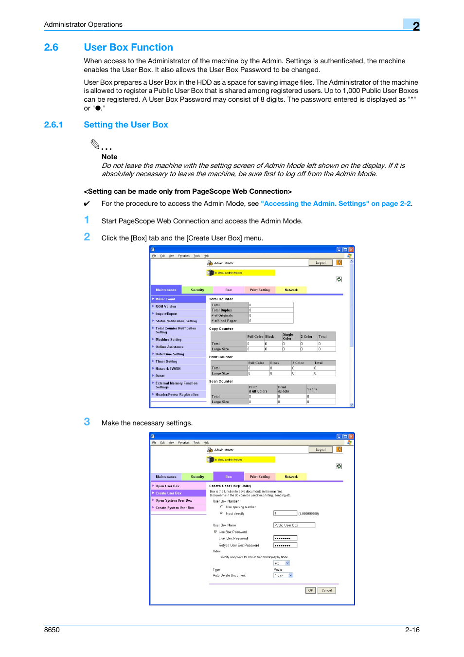 6 user box function, 1 setting the user box, User box function -16 | Konica Minolta magicolor 8650 User Manual | Page 31 / 98