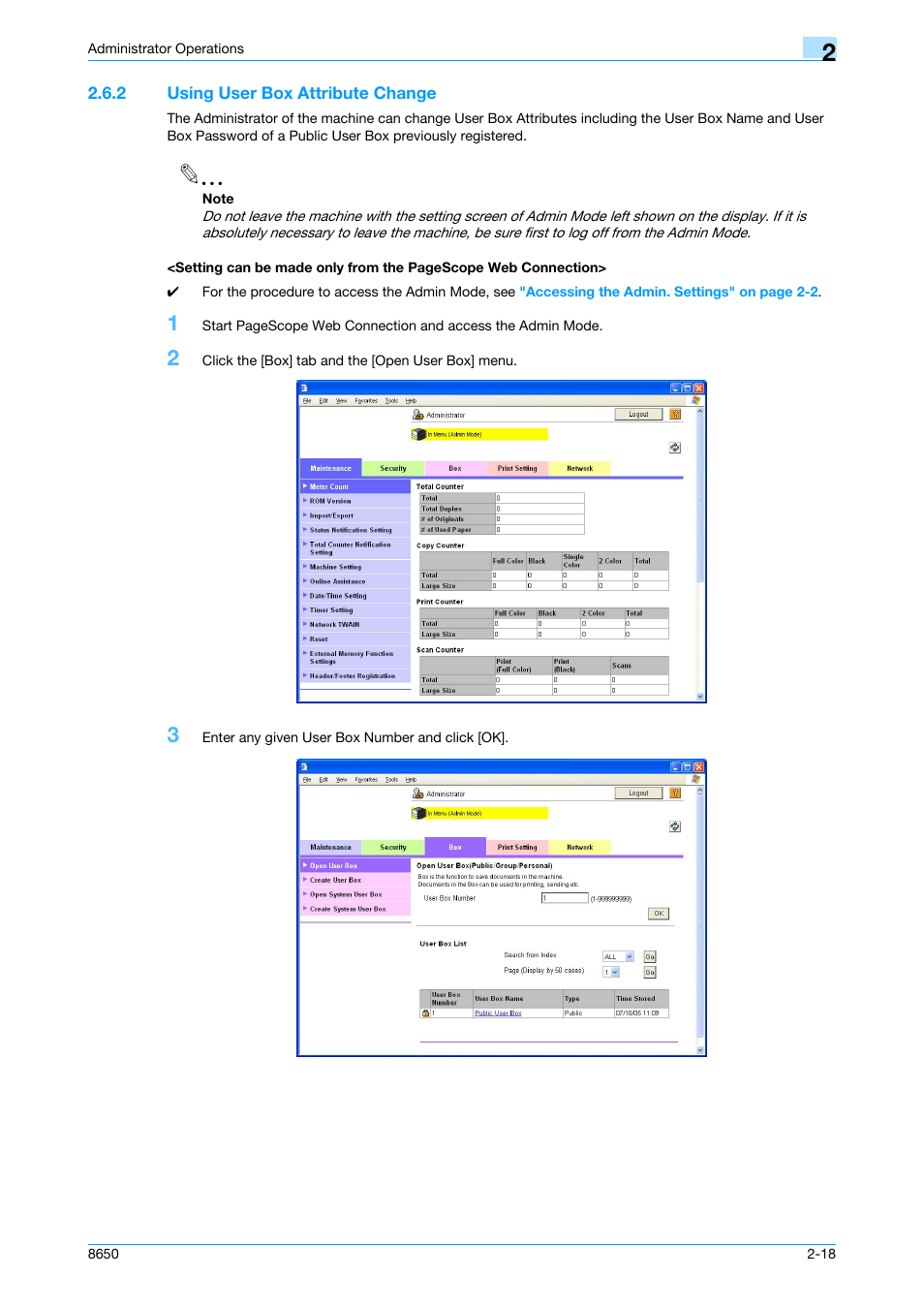 2 using user box attribute change, Using user box | Konica Minolta magicolor 8650 User Manual | Page 33 / 98