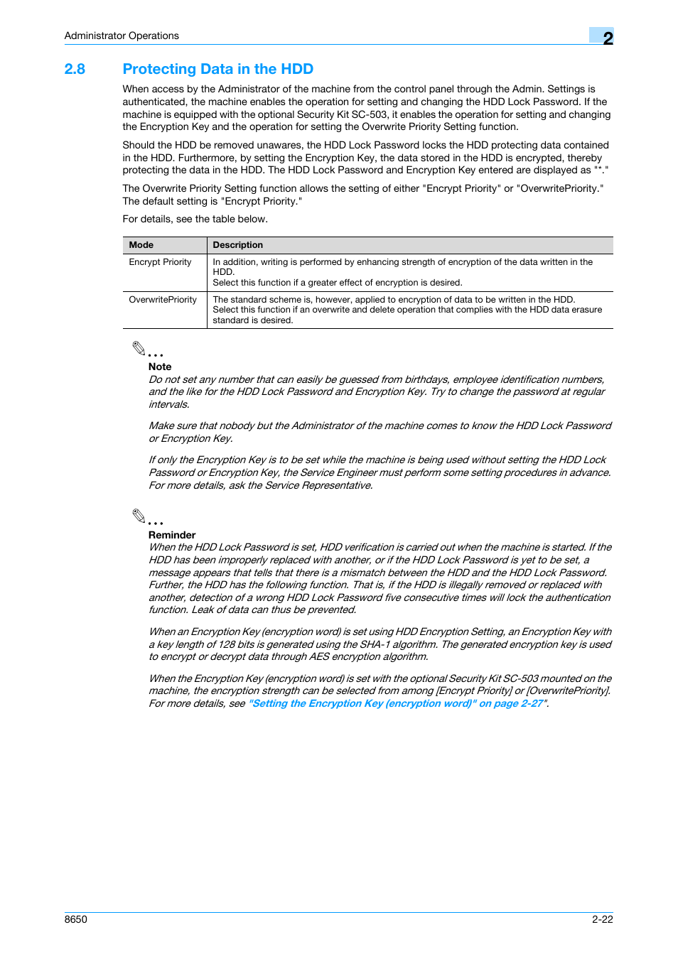 8 protecting data in the hdd, Protecting data in the hdd -22 | Konica Minolta magicolor 8650 User Manual | Page 37 / 98