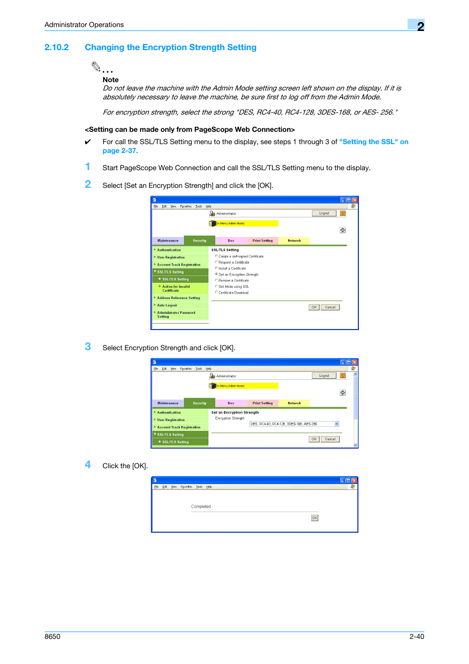 2 changing the encryption strength setting | Konica Minolta magicolor 8650 User Manual | Page 55 / 98