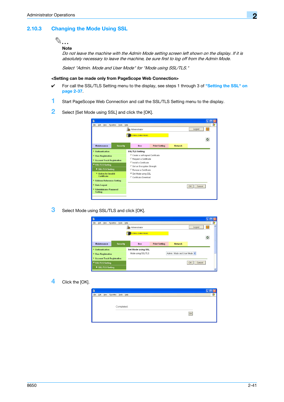 3 changing the mode using ssl | Konica Minolta magicolor 8650 User Manual | Page 56 / 98